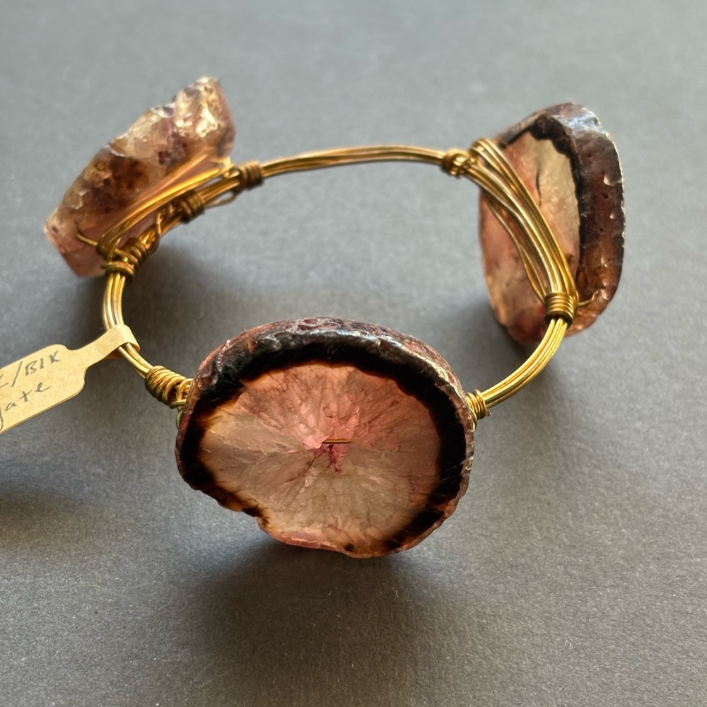 Pink Black Agate Wire Wrapped Bangle Bracelet Gold | 7.5 IN